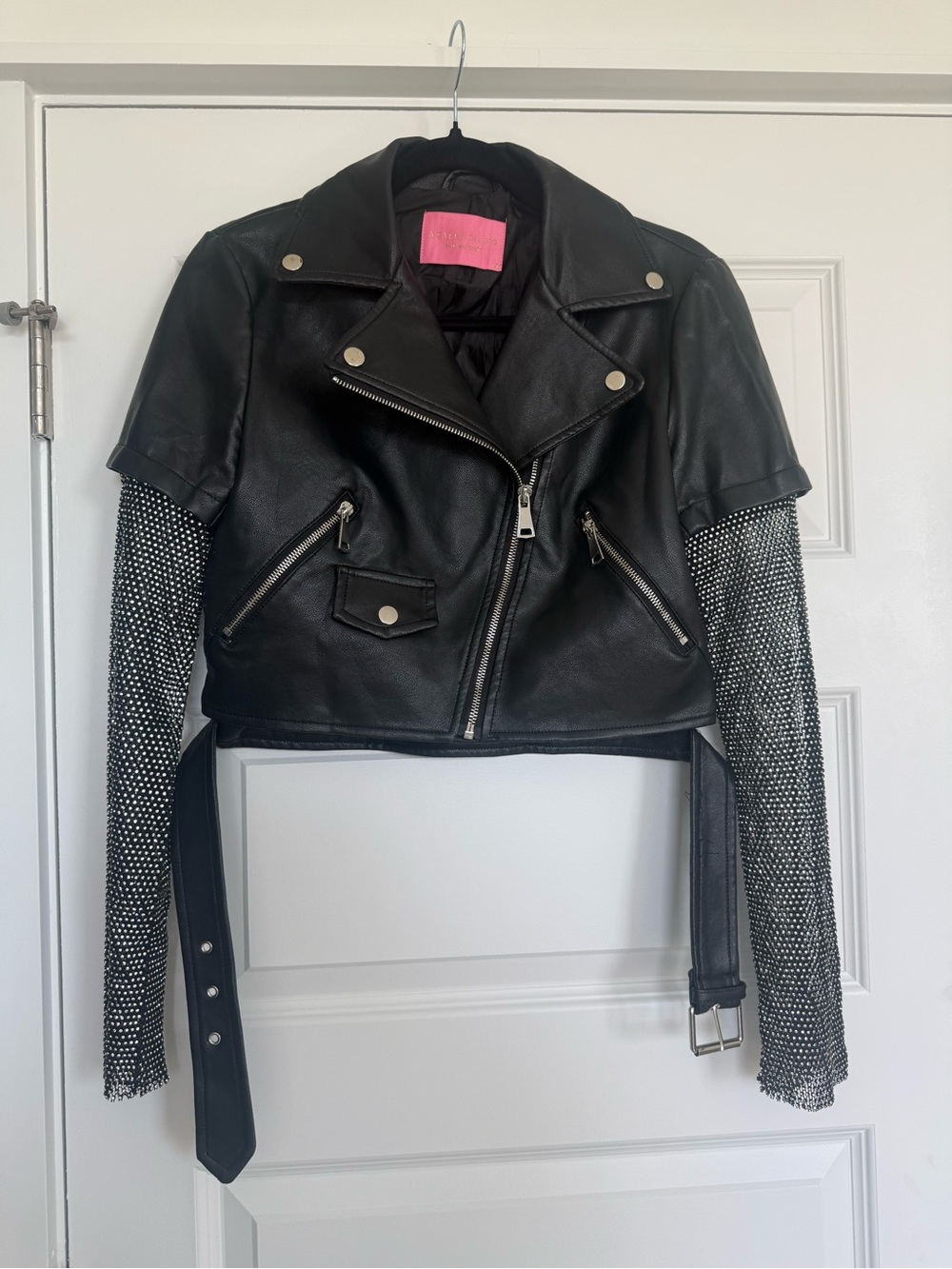 Azalea Wang Cropped Moto Leather & Rhinestone Jacket